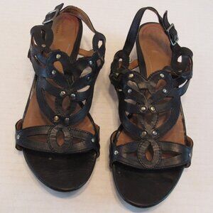 Clarks Artisan Black Sling Back Open Toe Wedge Leather Strappy Sandals Size 9M